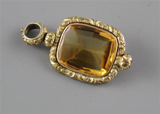 A Victorian yellow metal overlaid citrine fob pendant, overall 46mm,